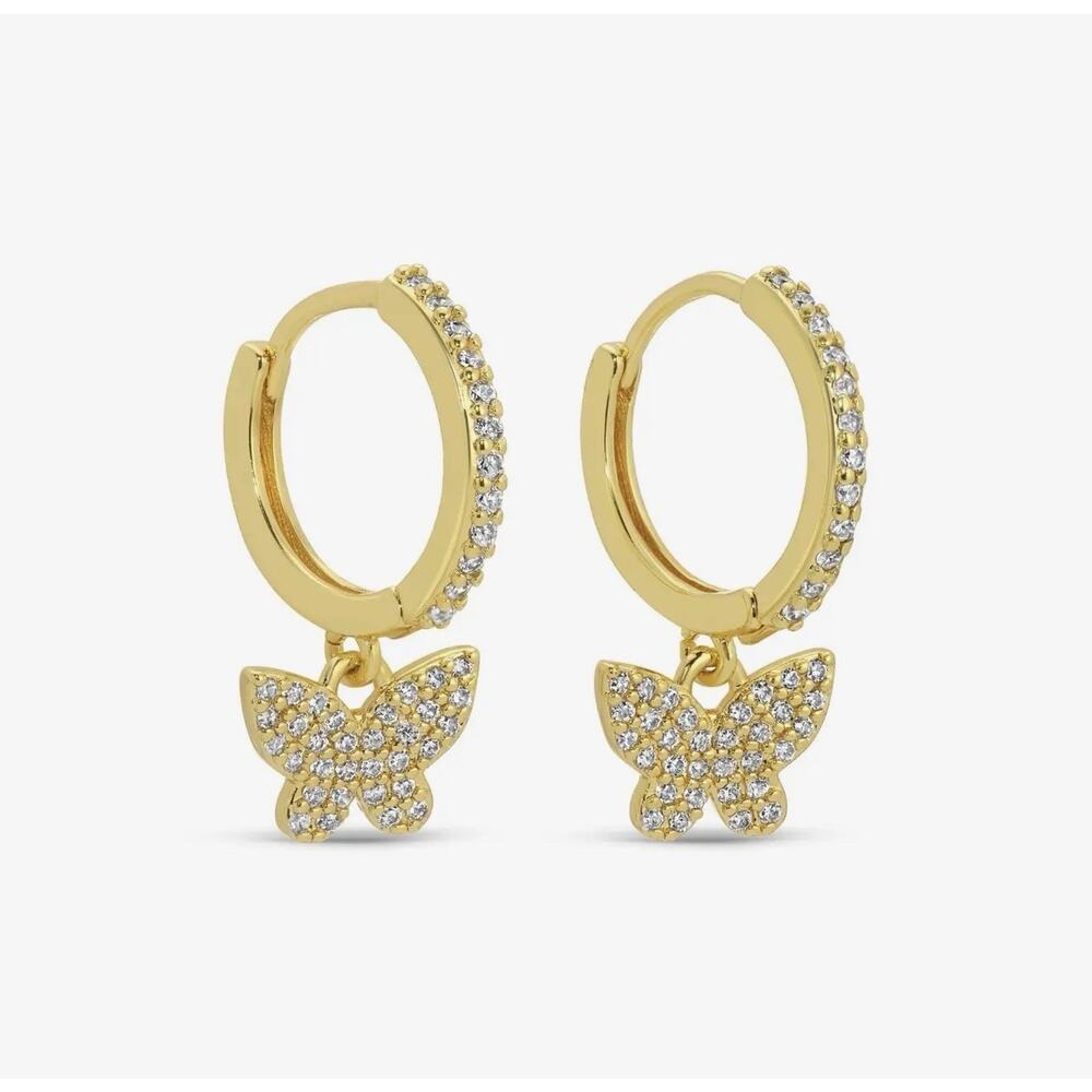 18k Gold Plated Butterfly Huggy Earrings, CZ Butterfly pave Hoops Dangle Drops